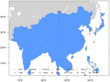 Fig. 1. WRF/Chem model domain. Blue indicates locations where the REAS emissions inventory is used