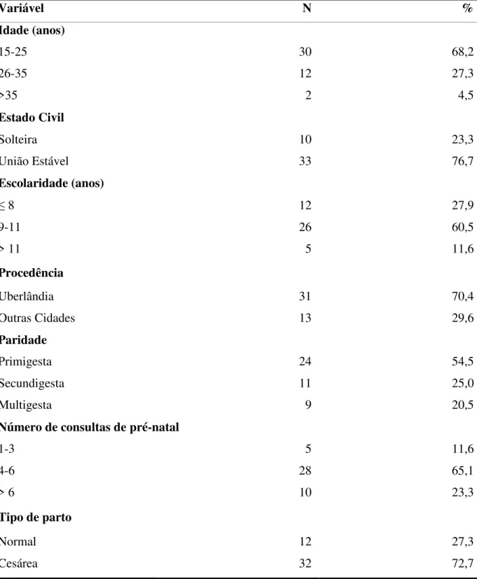 Tabela 1 – Dados demográficos e obstétricos das mães dos RNPT de muito baixo peso ao  nascer – Uberlândia, 15 de novembro de 2008 a 14 de novembro de 2009 