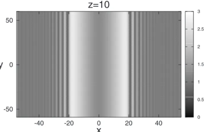 FIG. 16. Density plot of the output intensity evolved from a striplike initial distribution; ␥ = 0.1 and output coordinate is equal to z= 10
