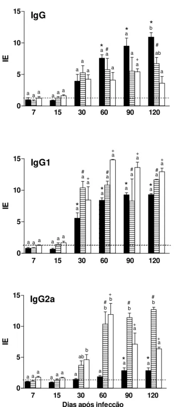 Figura 2. Níveis de anticorpos (IgG, IgG1 e IgG2a) específicos a P. brasiliensis  expressos em Índice ELISA (IE)