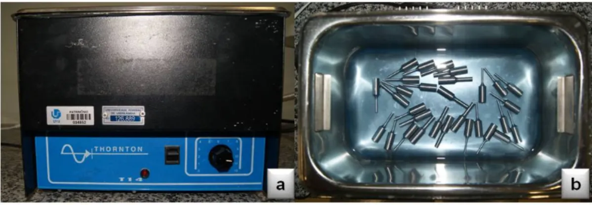 Figura 3: a) Aparelho de ultrassom; b) amostras imersas pelo álcool 99,5º dentro da cuba do  aparelho