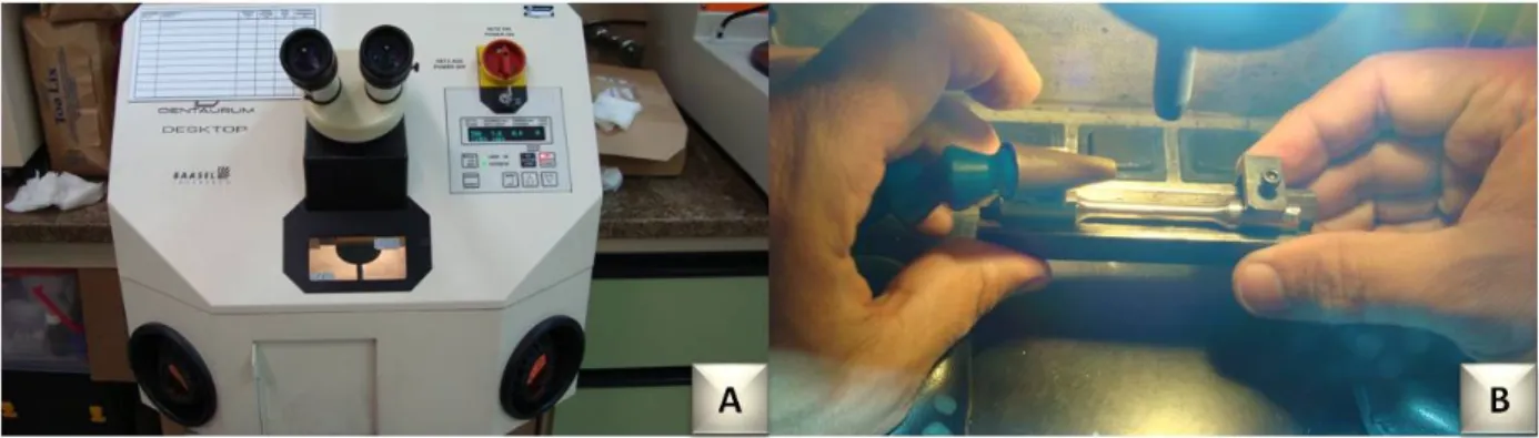 Figura 5: a) Aparelho de solda Laser e b) Amostra posicionada na câmara do aparelho. 