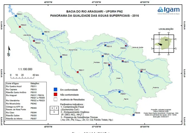 Figura 5 - Pontos de monitoramento de qualidade da água superficial do IGAM na bacia hidrográfica do  rio Araguari