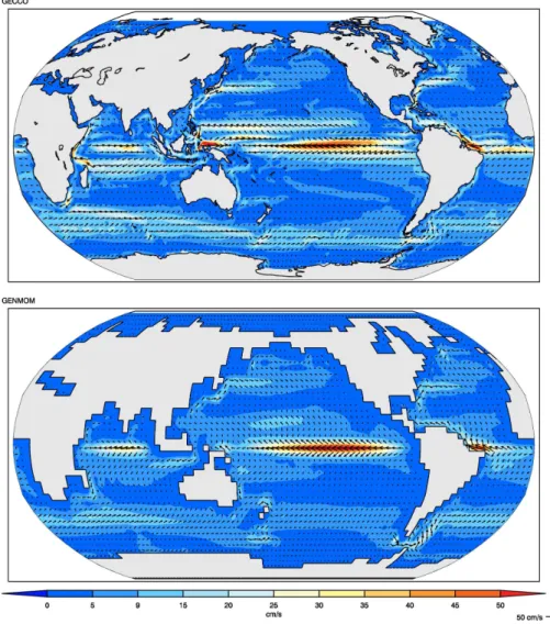 Fig. 10. Annual global surface currents for both observations (GECCO) and GENMOM simulated.