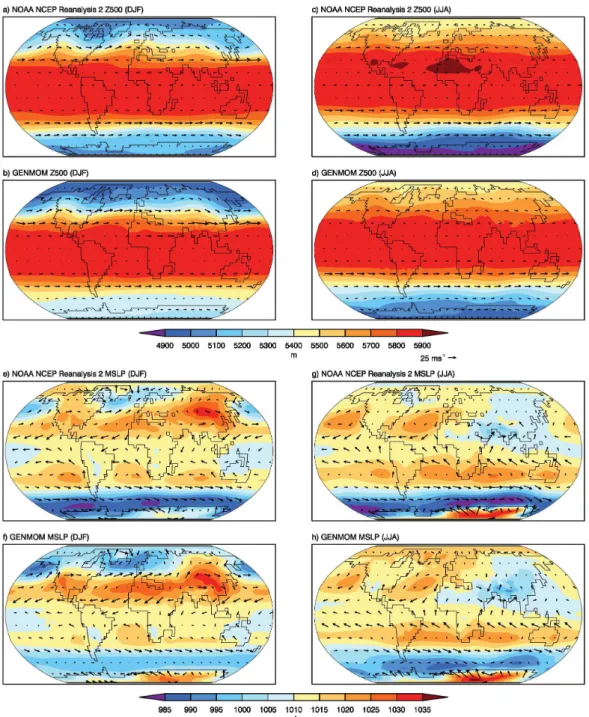 Fig. 3. 500 hPa geopotential height (Z500, a–d) and mean sea level pressure (MSLP, e–h) with wind vectors for both winter (DJF) and summer (JJA).
