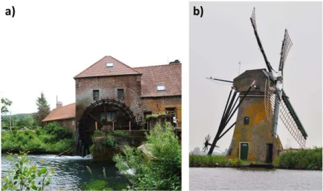 Fig. 5.14: Exemplos de turbinas antigas. a) a roda d’água e b) o moinho de vento. 