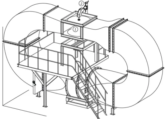 Fig. 6 - Axonometric view of wind tunnel test section and (2) aerodynamic (strain-gauge) balance 