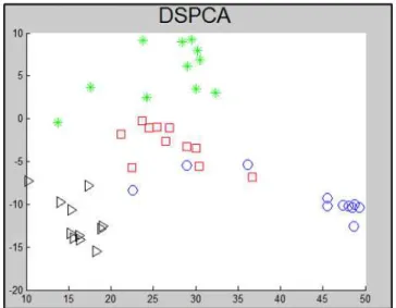 Figura 4. Projeção Bidimensional com DSPCA. Foram usados 4 símbolos para denotar  cada um dos 4 indivíduos presentes nas imagens.
