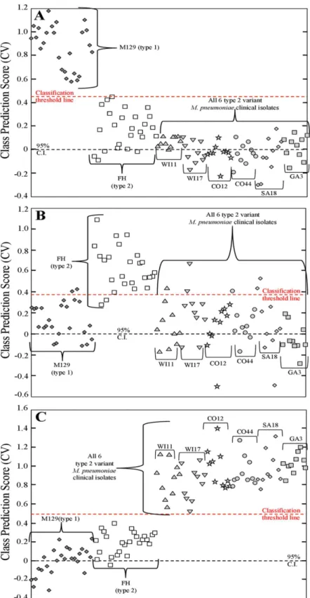 Fig 5. PLS-DA for NA-SERS typing of type 2V M. pneumoniae clinical isolates. Cross-validated class prediction scores for (A) class 1, the type 1 reference strain control; (B) class 2, the type 2 reference strain control; and (C) class 3, all six type 2V cl