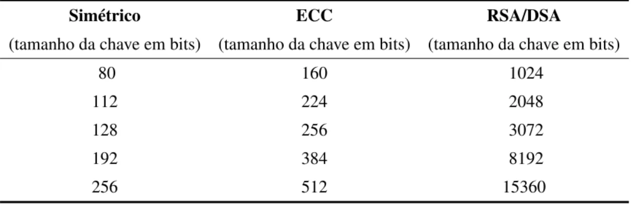 Tabela 2.2: Comparação do Tamanho de Chaves em Termos de Esforço Computacional