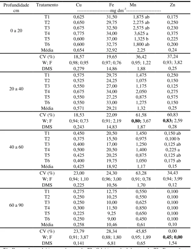 TABELA  6.  Teores  de  micronutrientes  no  solo,  em  função  dos  diferentes  tipos  de  preparo do solo em área de reforma e em quatro profundidades 