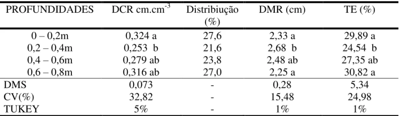 TABELA 8 - Densidade de comprimento de raízes (DCR),  distância média entre raízes   (DMR)  e  taxa  de  exploração  do  solo  pelas  raízes  (TE)  em  cana-de-açúcar  após  a  colheita,    em  área  de  renovação  de  canavial  a  diferentes  profundidade