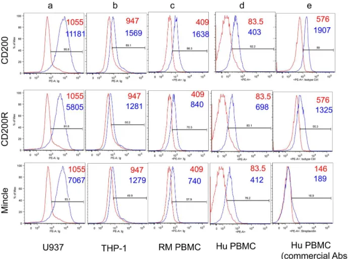Fig 2. Representative flow cytometric profiles of CD200, CD200R, Mincle, Siglec-1 and Siglec-3 expression by the U937 (panel a) and THP-1 (panel b) cell lines and by the gated population of CD14+ cells from PBMCs from a representative normal rhesus macaque