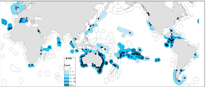 Fig 1. Global map showing sites investigated. The density of fill color applied to each marine ecoregion [19] relates to the number of sites surveyed within it.