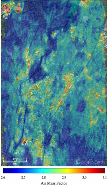Figure 10. The gridded AMFs calculated for this work, overlaid on Google Earth, showing the sensitivity of the AMF computation to surface albedo