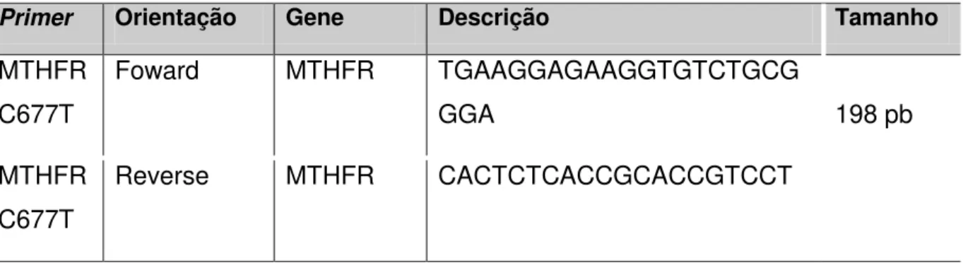 Tabela 2 - Descrição da sequência dos oligonucleotídeos utilizados para as reações  de  amplificação  e  de  sequenciamento  do  gene  da  enzima  codificadora  MTHFR,  Uberlândia, 2012