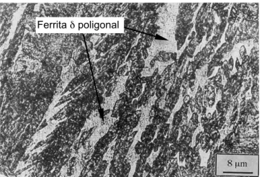 Figura 2.10 – Micrografia óptica mostrando a ferrita delta poligonal no metal de solda gerado  a partir de um metal de adição com 9% de cromo (LONG; CAI; SVENSSON, 1999) 