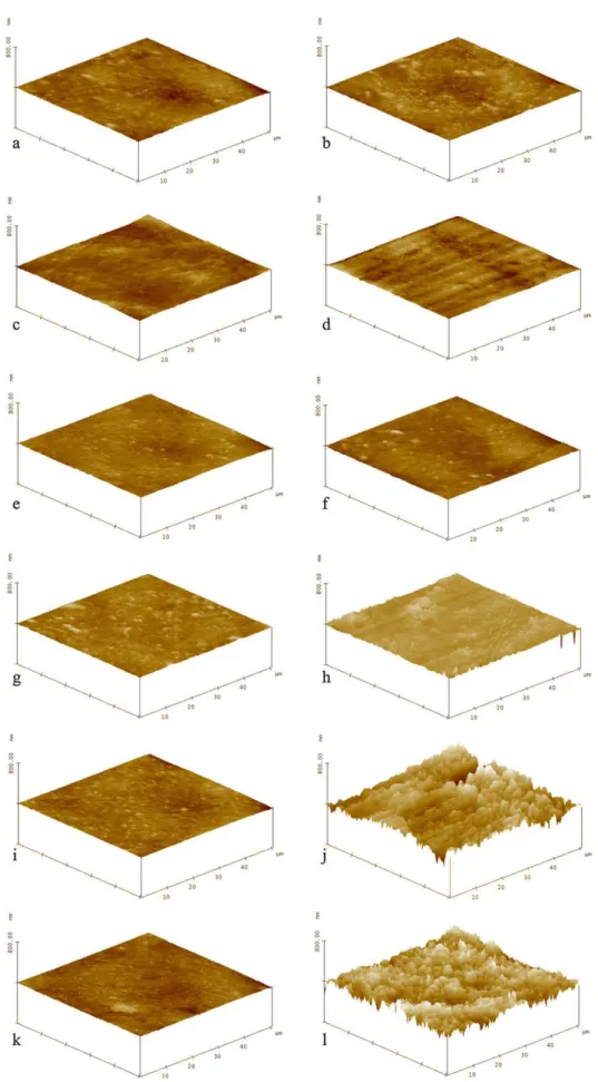 Fig. 2 – 3D atomic force microscopy images of cp Ti. Group IW pretreatment (a) and post-treatment (b); Group IT pretreatment (c) and post-treatment (d); Group IFT pretreatment (e) and post-treatment (f); Group BW pretreatment (g) and post-treatment (h); Gr