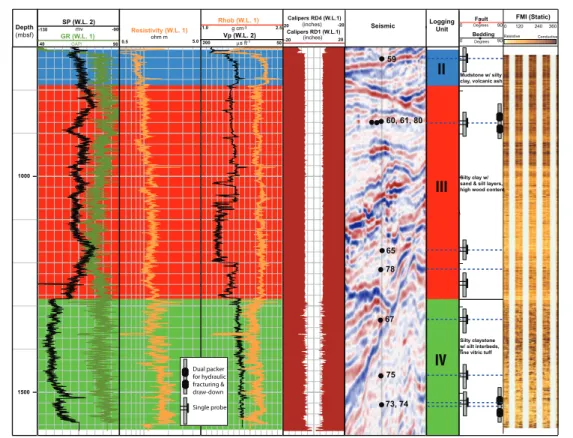 Figure 3. MDT test points on the seismic cross section together with some important logging data and their interpretation
