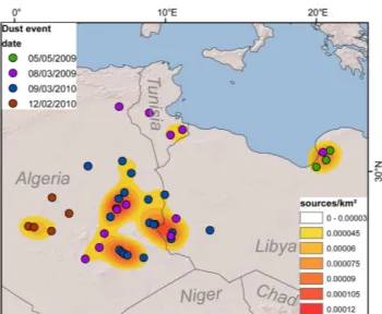 Fig. 4. The Middle Eastern source regions of dust transported to Mt. Elbrus with dates of dust deposition