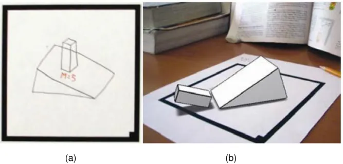 Figura 12 - InPlace 3D (a) Autoria do sistema mecânico, esboçado no papel; (b)  Ambiente de Realidade Aumentada construído com base no modelo desenhado