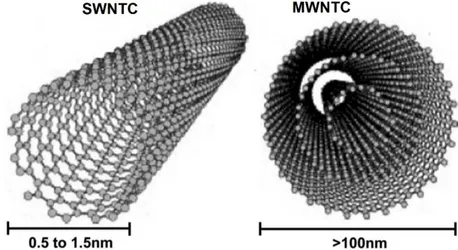 Figura  2:  Nanotubos  de  carbono  de  paredes  simples  (SWCNT);  Nanotubos  de  carbono  de  paredes múltiplas (MWCNT)