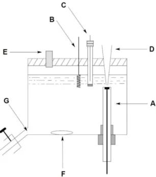 Figura 7: Representação de uma célula BIA: (A) eletrodo de trabalho; (B) eletrodo auxiliar; (C)  eletrodo de referencia; (D) ponteira da micropipeta; (E) orifício para preenchimento da célula; 