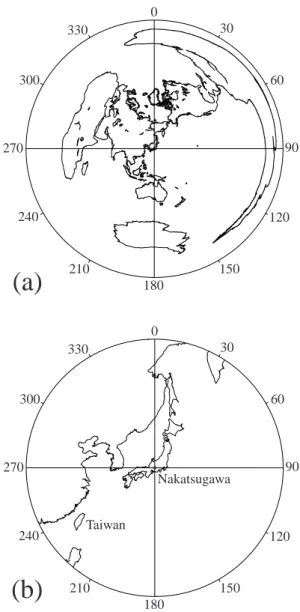 Fig. 1. (a) Relative location of our ULF/ELF observatory in Nakat- Nakat-sugawa and Taiwan in the form of world map with our ULF  obser-vatory located at the origin