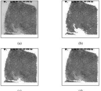 Fig. 4.  Fingerprint with annotation. (a) original image, (b) cluster number =  2, (c) cluster number = 3, (d) cluster number = 4 
