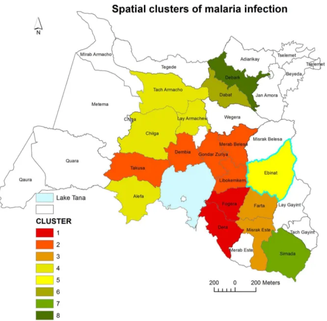 Figure 5.  Spatial distribution of significant high rates malaria clusters at a district levels in northwest Ethiopia between 2003 and 2012