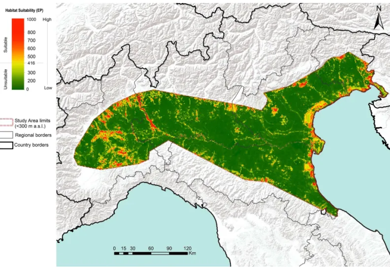 Fig 2. Habitat suitability map of the pine marten obtained by ensemble Species Distribution Models (green-red scale indicates lower-higher species occurrence probability).