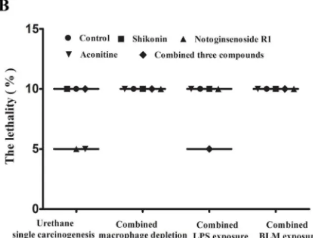 Fig 6. The combined models increased lung tumor overall volume but did not negatively impact health or significantly affect the body weights of mice