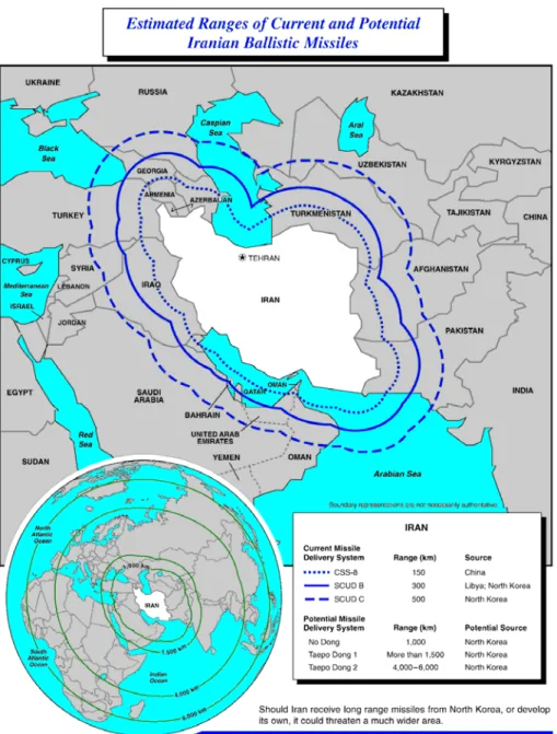 Figure 1: Map of area within range of Iran’s Shahab 5 (Taepo-Dong 2) missiles 