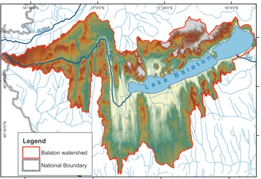 Fig. 1. Lake Balaton and the topography of its watershed. Elevation ranges between 100 and 500 m a.s.l.