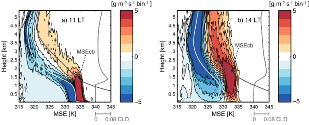 Fig. 3. Profiles of mass flux as a function of MSE for ARM day 178 at (a) 11:00 and (b) 14:00 LT (local time)