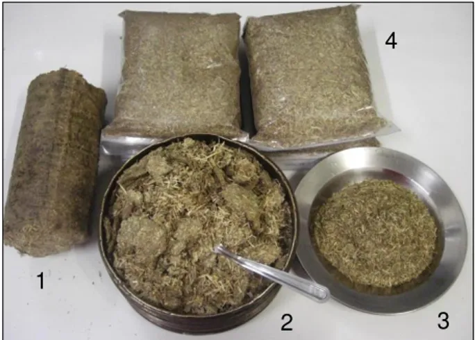 Figura 3.2 - 1: briquete; 2: amostra triturada; 3: padronização dos grãos; 4: amostras em  sacos plásticos para testes experimentais