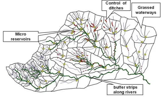 Fig. 2. Proposal of Hydraulic arrangements for La Colacha basin. WM (water management), mainly to control erosions.