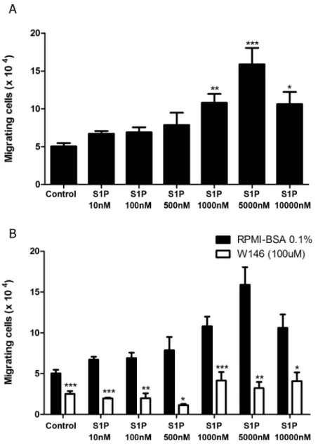 Fig 4. High S1P concentrations induce S1P1-dependent fugetaxis of CEM cells. (A) CEM cells were serum-starved for 2 h, applied to Transwell™ chambers containing different S1P concentrations and incubated for 4 hours