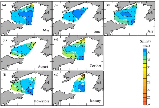 Fig. 4. Distributions of salinity in bottom waters.