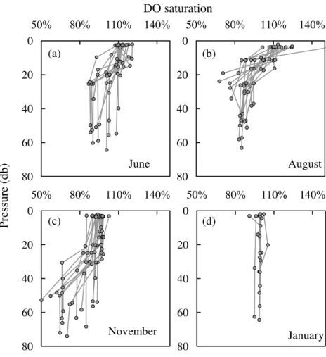 Fig. 6. Depth profiles of dissolved oxygen (DO) saturation.