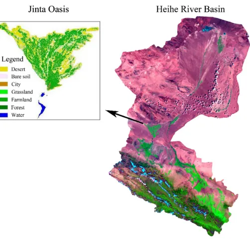 Fig. 1. Location of Jinta Oasis in Heihe River Basin (Geocover mosaics) and land use map of Jinta Oasis.