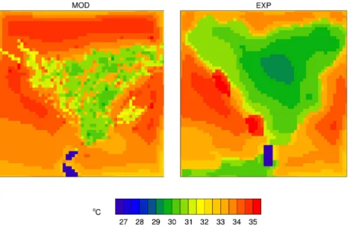 Fig. 3. 2 m air temperature on 5 July 2004, 05:00 UTC (13:00 Beijing Time) of the two simula- simula-tions.