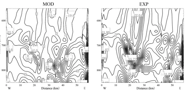 Fig. 9. Vertical latitudinal section of divergence in the middle of the oasis for the two simulations (the same time as Fig