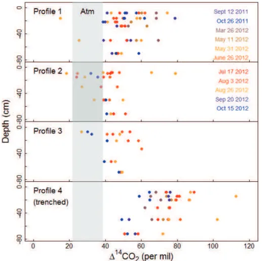 Fig. 2. Soil air 14 CO 2 for intact and trenched plots. Grey bar shows range of atmospheric 14 CO 2 