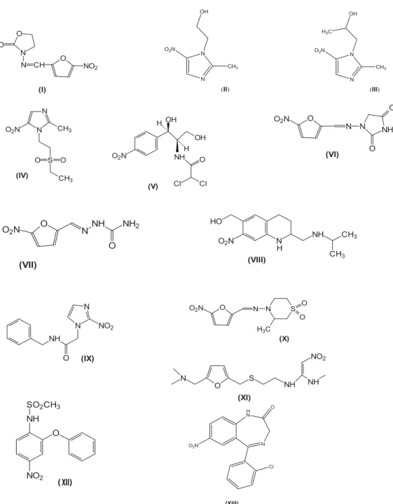 Figura 1. Estrutura química de fármacos que apresentam o grupo nitro. furazolidona (I) metronidazol (II)  secnidazol (III), tinidazol (IV), cloranfenicol (V), nitrofurantoína (VI), nitrofural (VII), oxamniquina  (VIII), benznidazol (IX), nifurtimox (X), ra