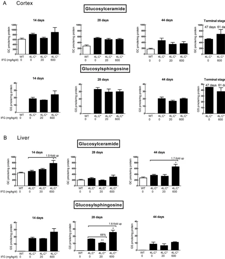 Figure 4. Analyses of GC and GS levels in the cortex and liver by LC/MS. (A) Cortex GC and GS levels in IFG treated 4L;C* did not show significant reduction relative to the untreated mice