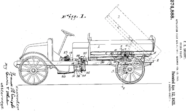 Figura  2.10  –   Sistema  de  acionamento  indireto  para  caminhão  basculante  patenteado  em  1921 (SMIGHT, F