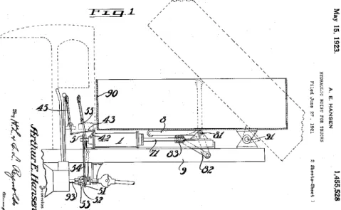 Figura 2.11  –  Sistema de acionamento indireto para caminhão basculante com ligação por  rolete patenteado em 1923 (HANSEN,  A
