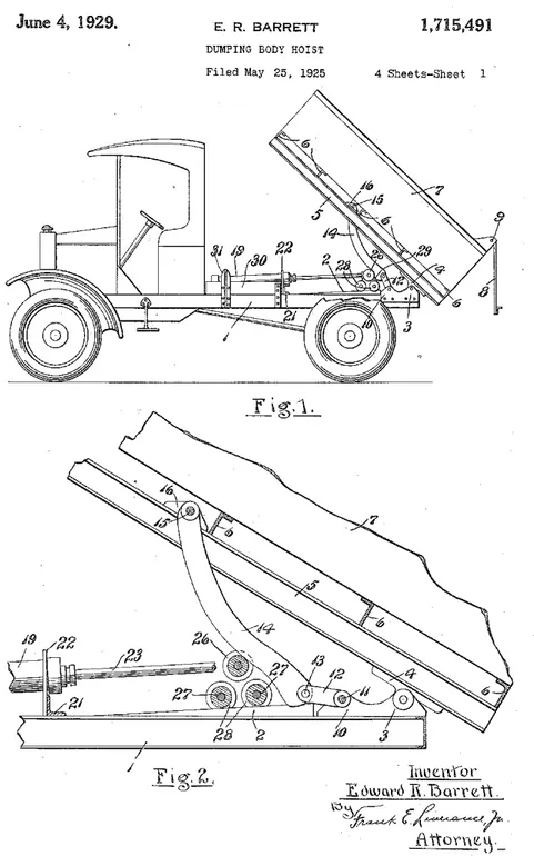 Figura  2.13  –   Sistema  de  acionamento  indireto  para  caminhão  basculante  patenteado  em  1929 (BARRETT, E