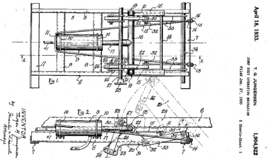 Figura  2.15  –   Sistema  de  acionamento  indireto  para  caminhão  basculante  patenteado  em  1933  (JUNGERSENT